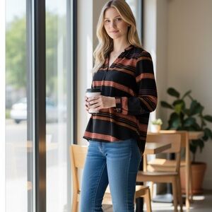 LOFT Black and Orange Patterned Blouse
